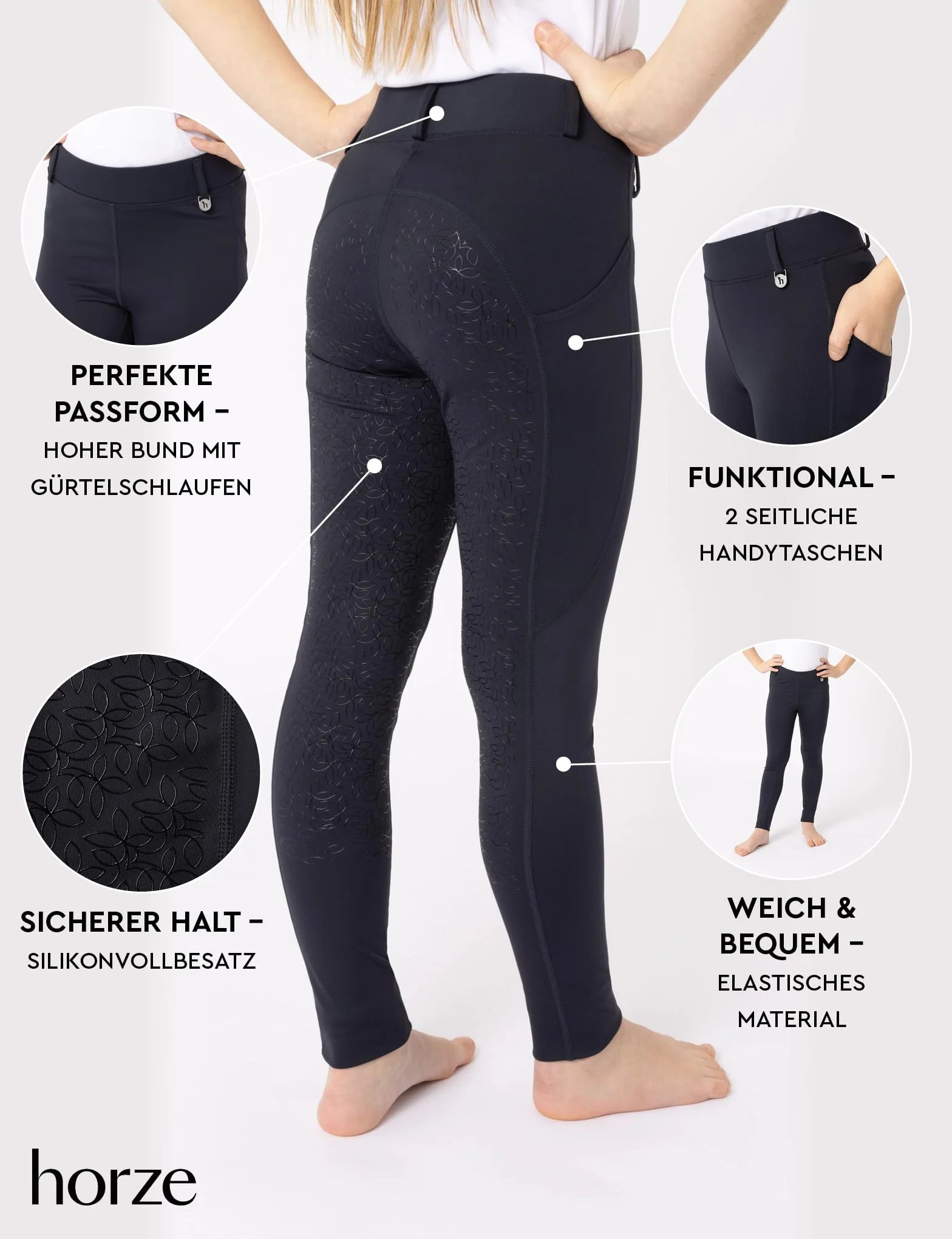 HORZE Kinder Reitleggings DEA, Reithose Mädchen, Gürtelschlaufen, Vollbesatz, Handytasche