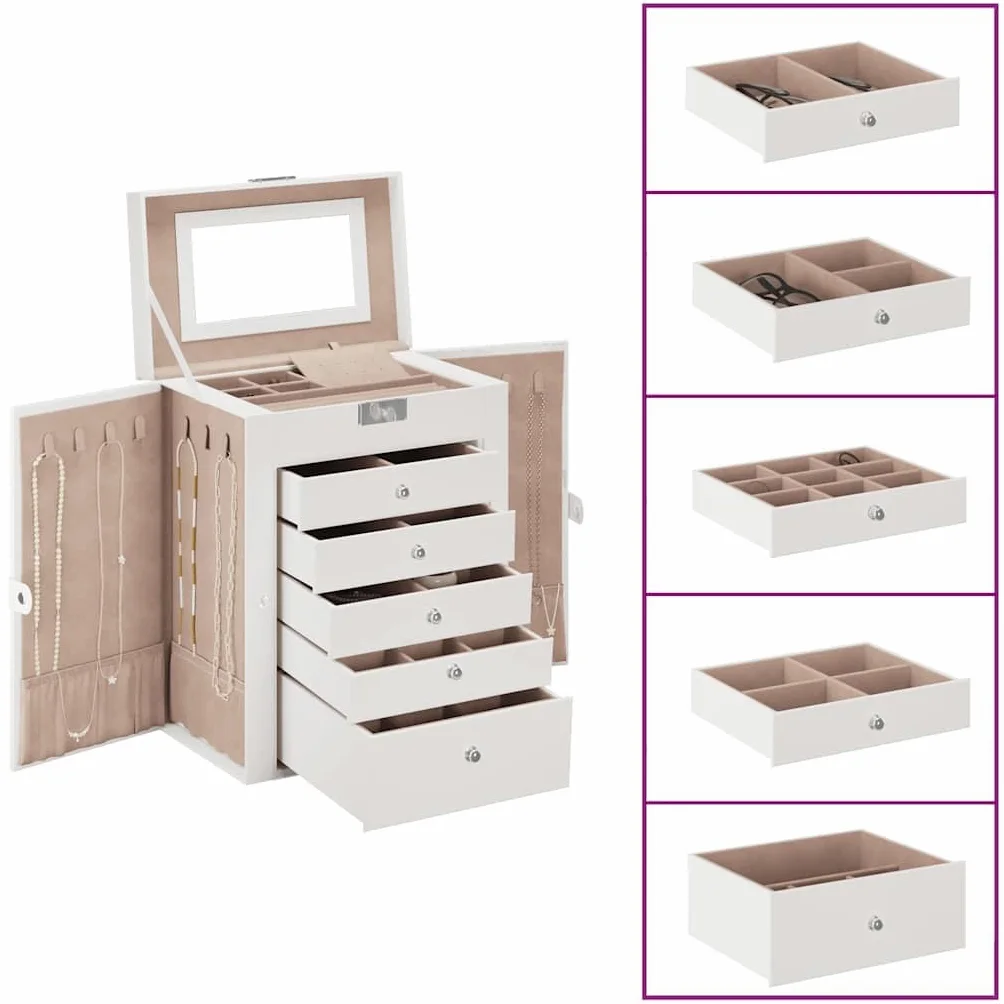 Schmuckkästchen 6-Schichten mit Spiegel abschließbar, Schmuckkasten groß aus PU-Leder für Ringe Halsketten Uhren, Weiß