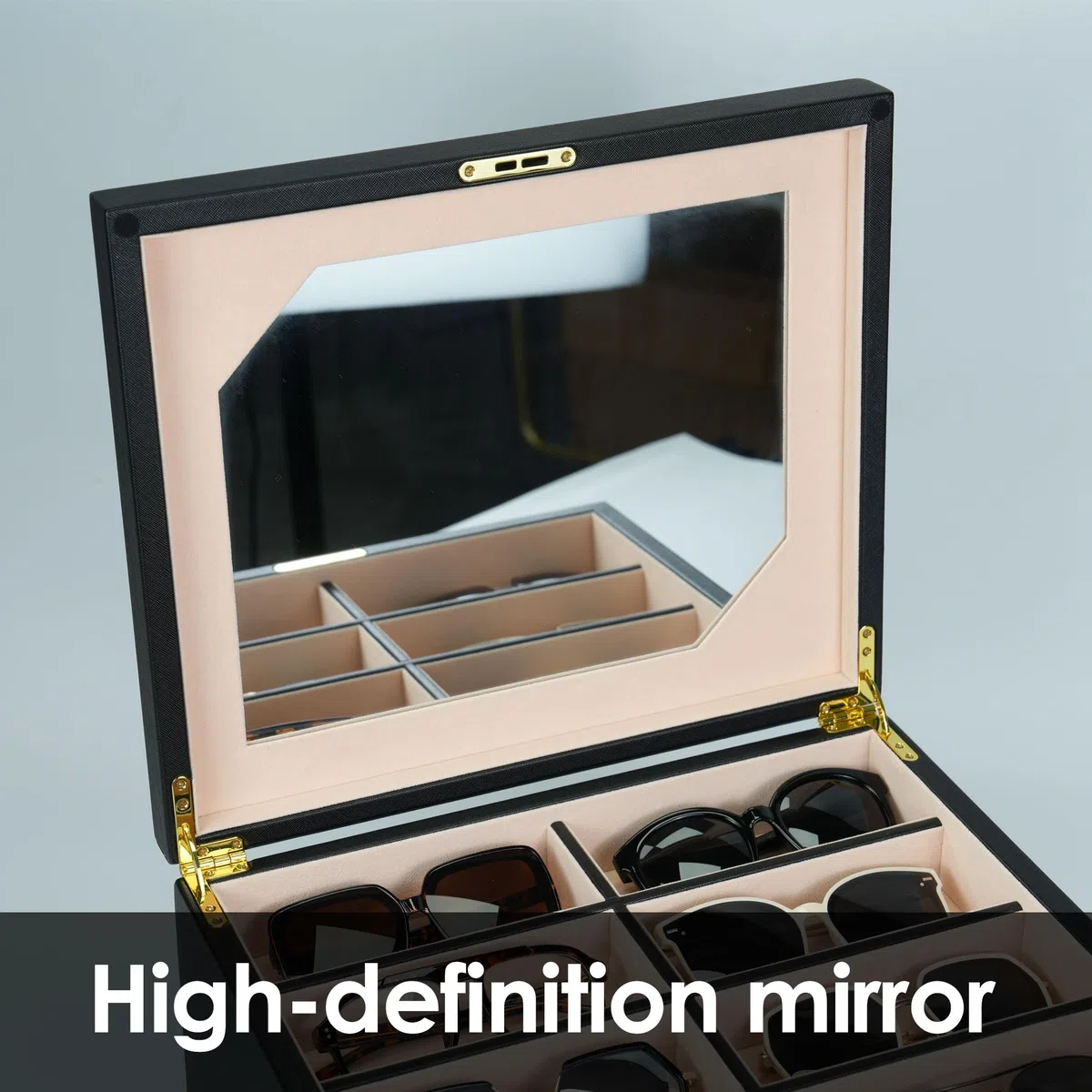 Luxuriöses Sonnenbrillenetui, 3-lagig, 24 Schlitze, Brillen-Organizer, Brillenaufbewahrungsbox für Damen und Herren, PU-Leder mit Spiegel (schwarzes PU)