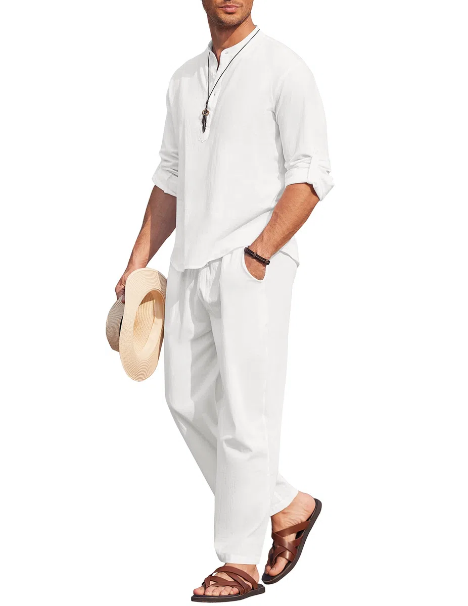 COOFANDY 2-teiliges Herren-Set aus Baumwoll-Leinen, lässig, langärmelig, Henley-Shirt, Strandhose mit Taschen, Sommer-Yoga-Outfits
