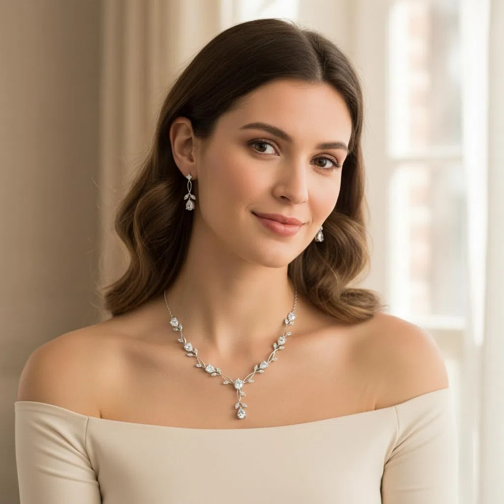EVER FAITH Hochzeit Schmuckset für Braut Brautjungfer Teardrop Cubic Zirkonia Blatt Rebe Braut Prom Halskette baumeln Ohrringe Armband Set für Damen