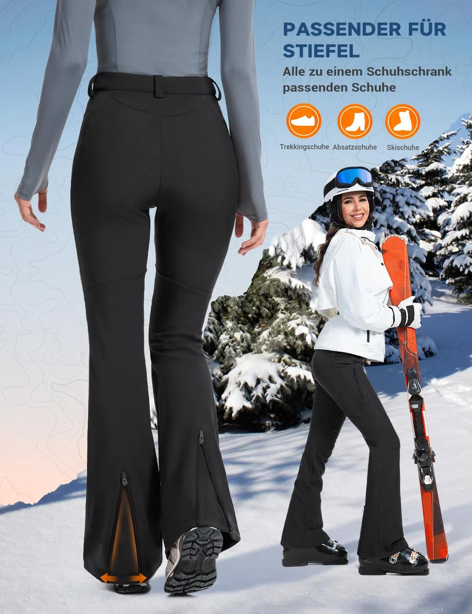 Moosehill Damen-Wanderhose-Thermohose-Wasserdicht-Skihose-Softshellhose Schneehose Gefüttert Winddicht Fleece Warm Falre Outdoor Snowboard Fahrrad Arbeit Trekking Winter Cargohose(Schwarz|38|79cm)