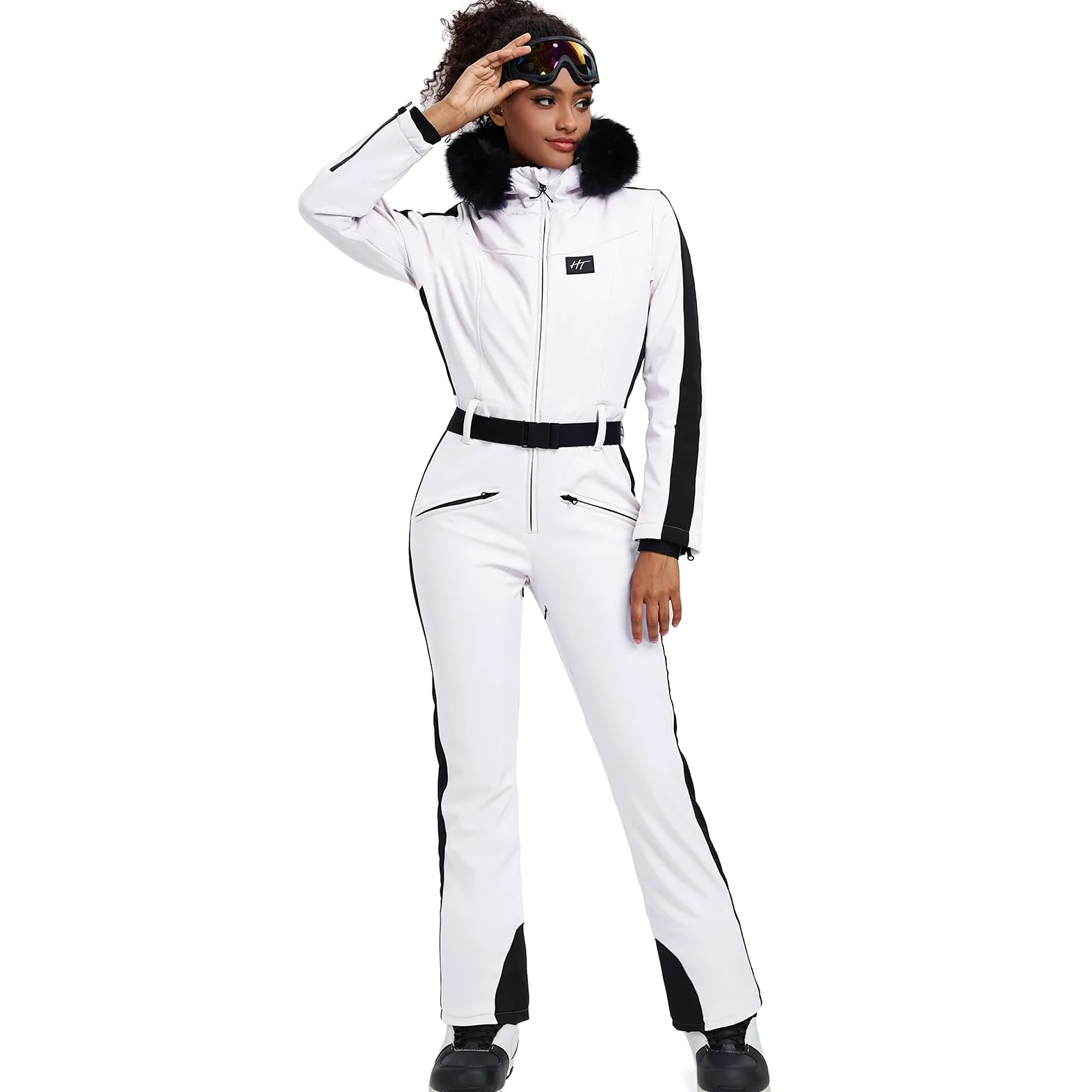 HOTIAN Damen Skianzug Einteiler Skioverall Winter Warme Damen Schneeanzug Wasserdicht Winddicht skibekleidung Schneeoverall Jumpsuit Mit Kapuze White S