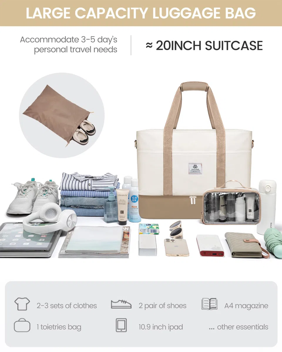 LOVEVOOK Reisetasche Damen, Wasserdicht Weekender Travel Bag mit Schuhfach, Duffle Bag Kliniktasche Geburt Mommy Handgepäck Tasche Saunatasche Gym Sporttasche Schwimmtasche für Reise Ryanair