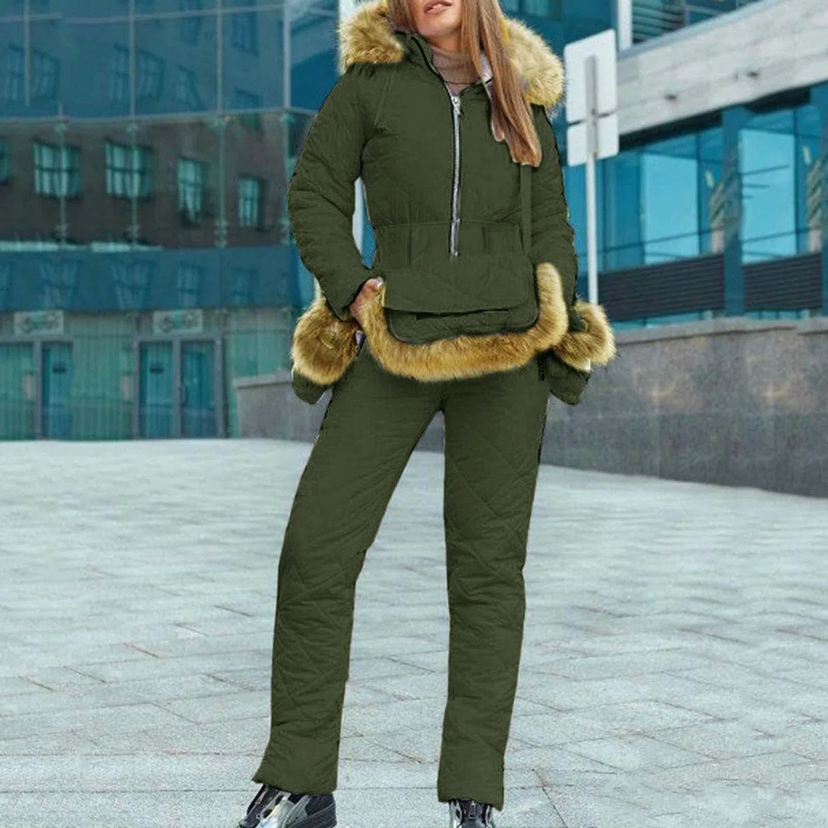 Generisch Skianzug Damen Große Größen Jumpsuit Damen Kuschelig Warm Schneeoverall Schneeanzug + Skihandschuhe + Gürteltasche 3 Teilig Skianzüge Mit Pelzkragen Langarm Skioverall Gerafftes Skijacke
