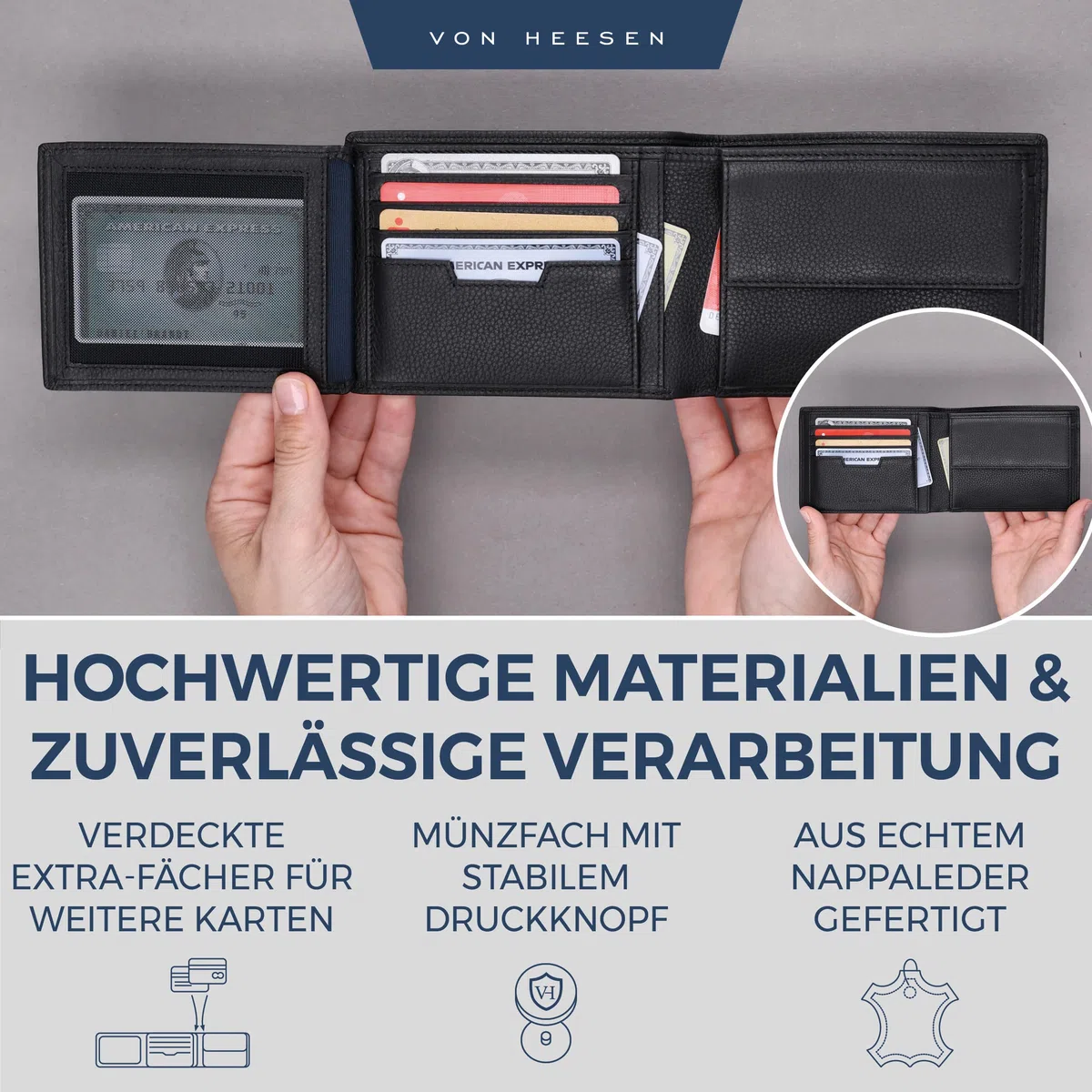 VON HEESEN Leder Geldbörse Herren mit RFID Schutz I Echtleder Geldbeutel für Männer I Münzbörse Portemonnaie Brieftasche Wallet Portmonee (Schwarz)