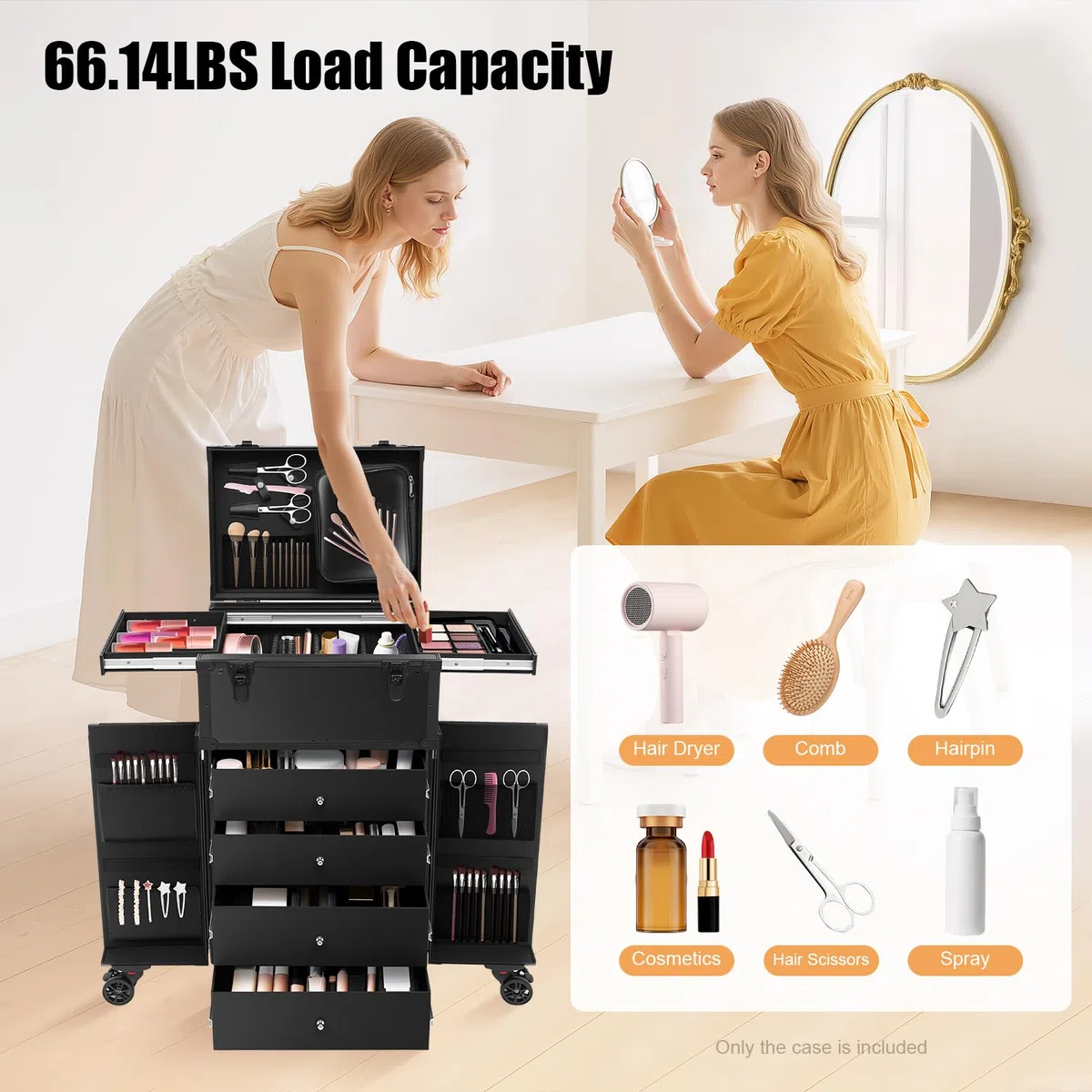 Professioneller Kosmetikkoffer Trolley Friseur Koffer mit 4 Schubladen, 6 Rollen, 4 Schlüssel Kosmetik Trolley Friseurkoffer Schminkkoffer Damen Make Up Koffer für Reisen, Visagist