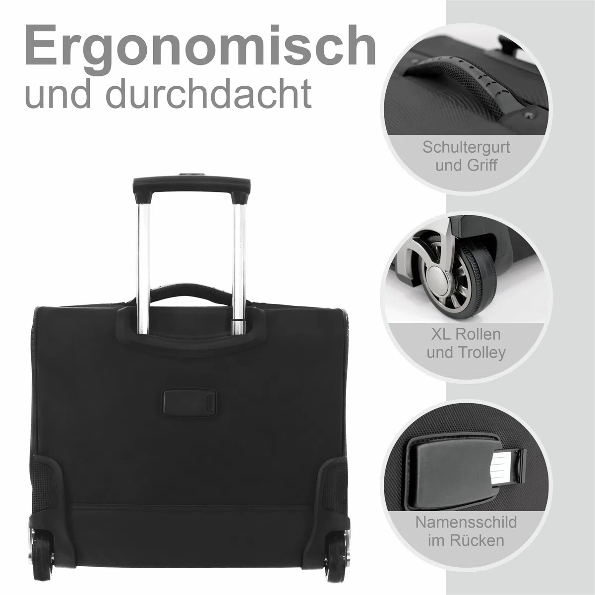 Aktenkoffer mit Rollen – XL Aktenkoffer Trolley aus recyceltem Polyester (rPET) für 5 A4 Aktenordner, Pilotenkoffer Business, schwarz