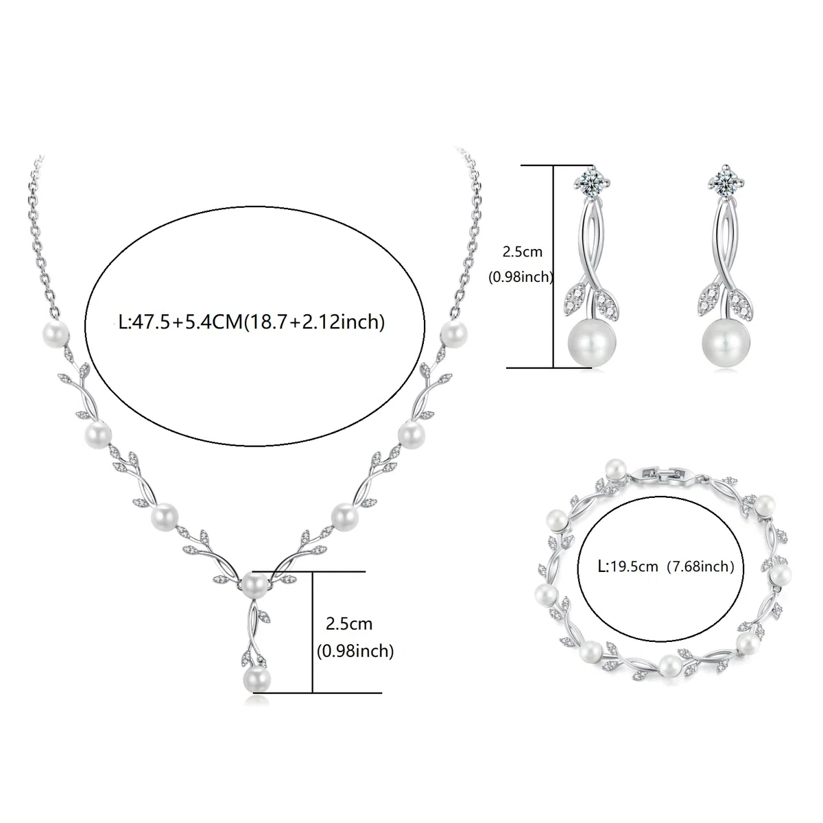Hochzeit Schmuckset Silber Damen, Halskette Armband Ohrringe in Form eines Blattes mit Perlen und Zirkonia, Hochzeitstag Geschenke für Braut Frauen