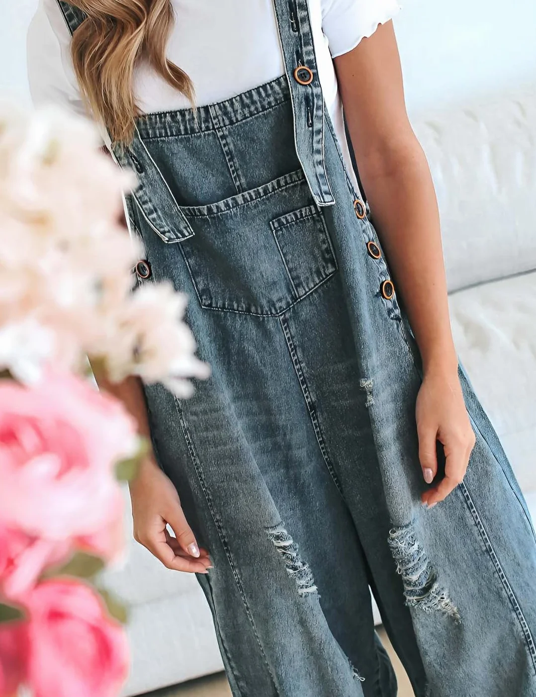 Damen Vintage Casual Denim Jean Overalls Lose Distressed Bib Latzhose Verstellbare Baggy Harem Romper Jumpsuit Hosen