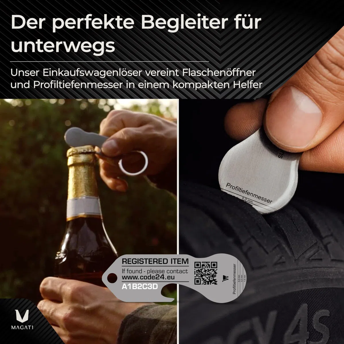 MAGATI Einkaufswagenlöser in hochwertiger Optik – Edelstahl Einkaufswagenchip mit Profiltiefenmesser, Flaschenöffner & Fundservice - 50 Stück