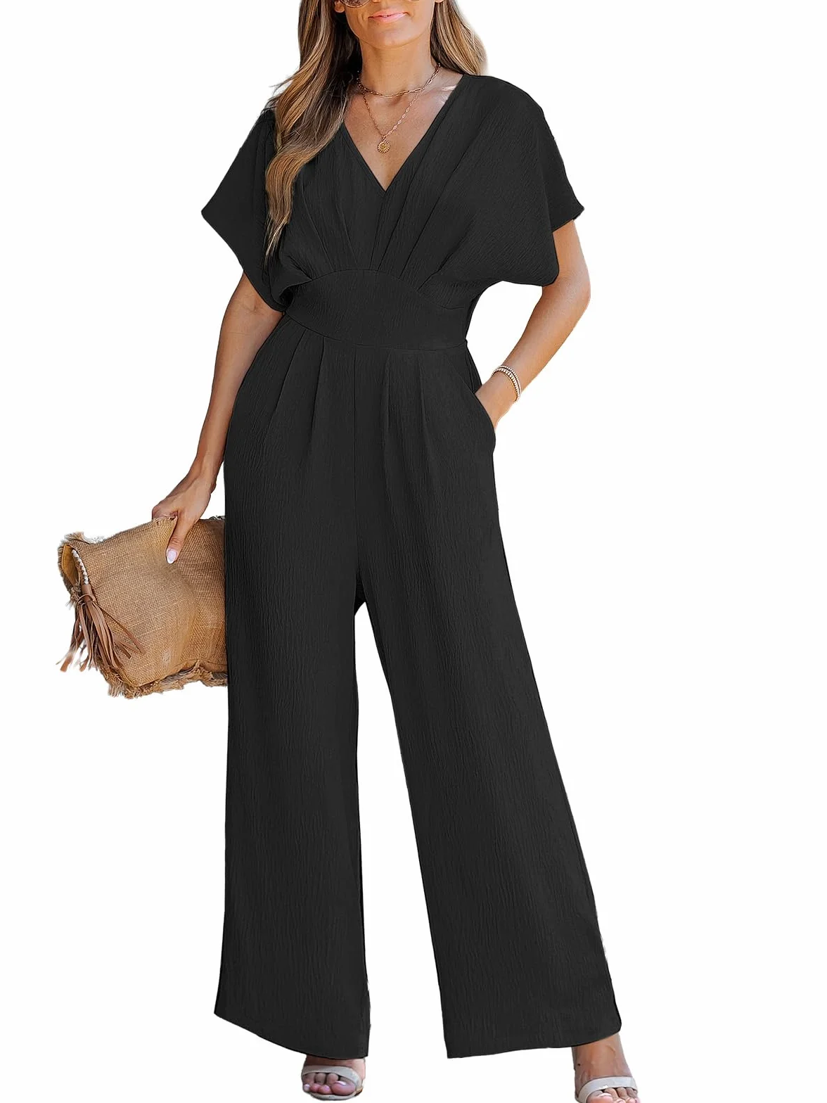 CUPSHE Damen Jumpsuit V-Ausschnitt Kurze Dolman-Ärmel Overall Weites Bein Strampler Lang Playsuit Sommer Elegant Hosenanzug