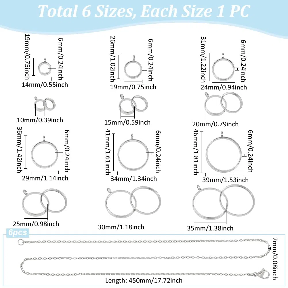UNICRAFTALE 6 Set Medaillon Anhänger 6 Größen 45cm Edelstahl Schwimmende Medaillon Anhänger Halskette Glas Fotorahmen Medaillon Anhänger Für Die Herstellung von Schmuck Und Halsketten