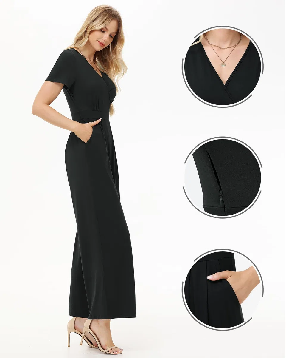 Tanmolo Damen Jumpsuit Elegant Sommer Kurzarm V-Ausschnitt Overall Weites Bein Romper Mit Taschen