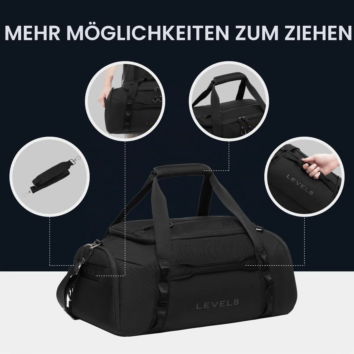 LEVEL8 Reisetasche Weekender, Faltbare Tasche& Sporttasche Große Reisetasche für Herren und Damen mit Schultergurt, Klein Faltbar 30L,Cabin Bag,50x24x25cm(Schwarz)