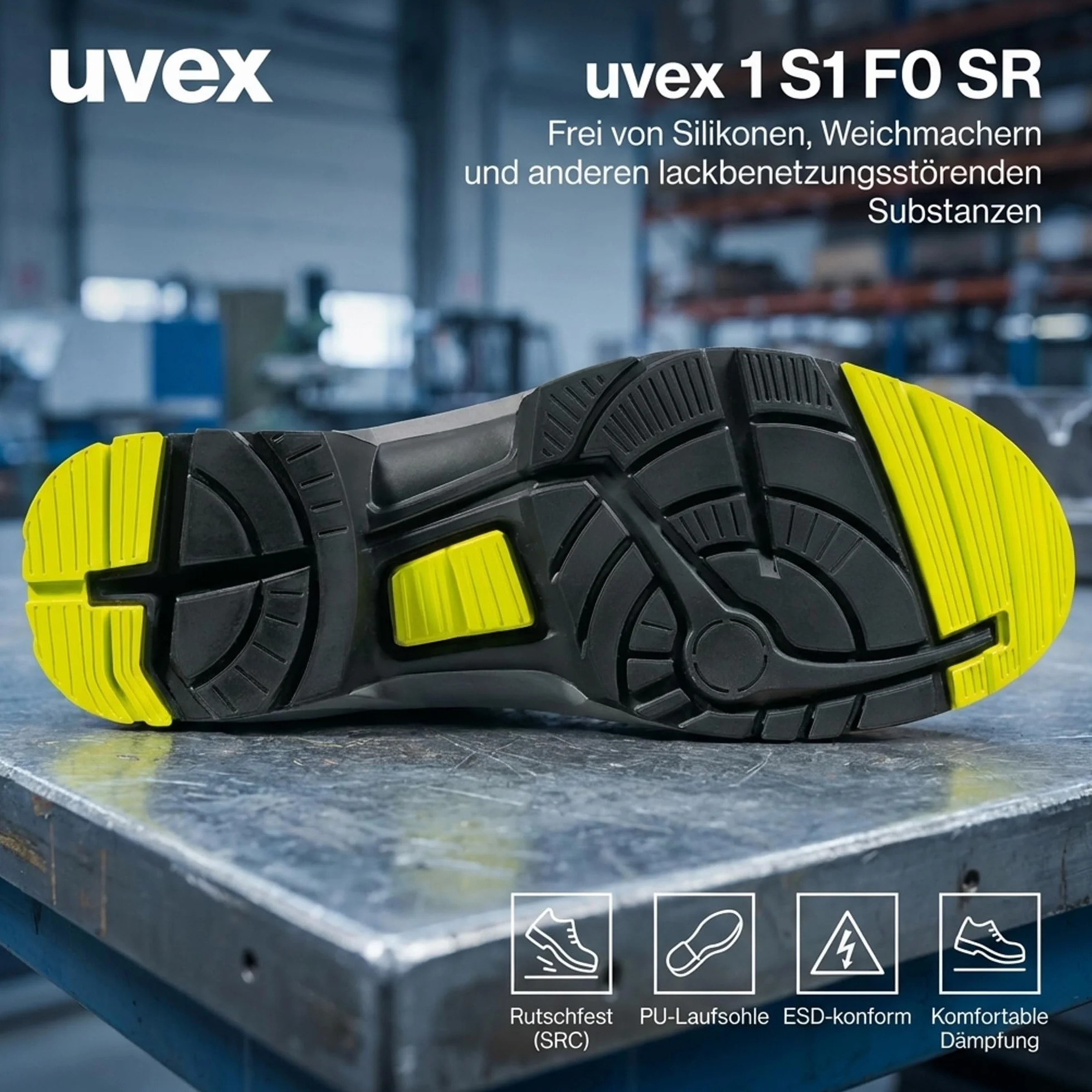 Uvex 1 S1 Sicherheits-Halbschuh gelocht - metallfrei, atmungsaktiv, ESD Arbeitsschuh, Rutschhemmende PU-Sohle SR, schwarz/Lime - W11