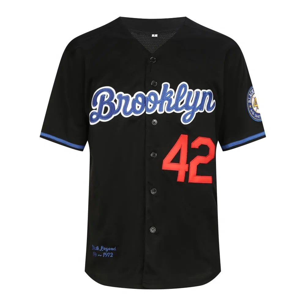 Herren Baseballtrikot, Schwarz, Legend, Nummer 42, Vintage-Stil, Bestickt, Retro-Lichtout-Trikot