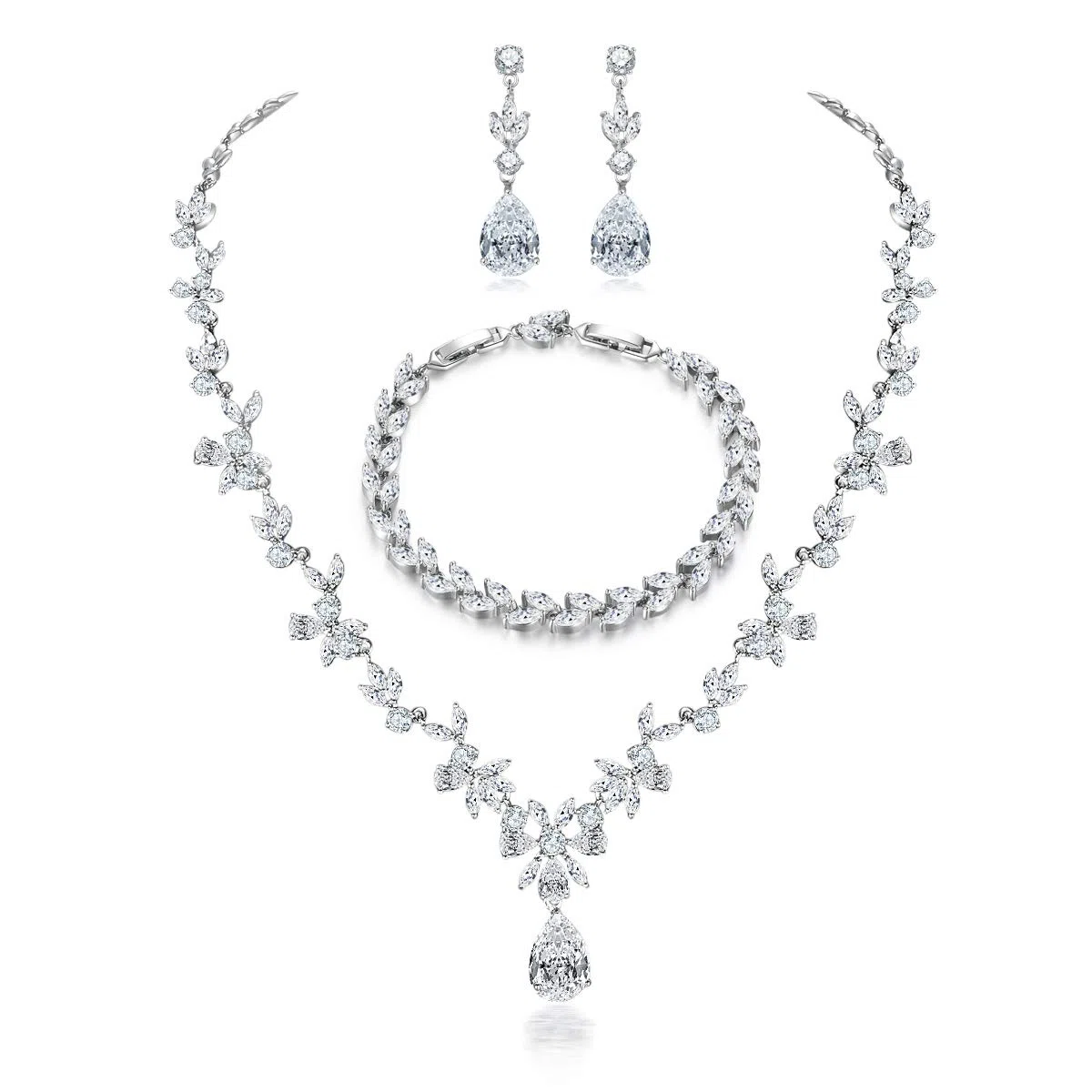 Hochzeit Schmuckset für Damen, Halskette & Ohrringe & Armband Set, Blumen Braut Schmuck Set mit 5A Weiß Zirkonia, Allergenfrei Hochzeitsschmuck für Braut Brautjungfern