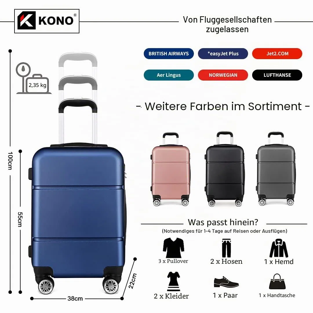 KONO Reisekoffer Handgepäck Koffer mit Rollen Hartschale Trolley 55x38x22cm 33 Liter Leichtgewicht ABS Navy Blau