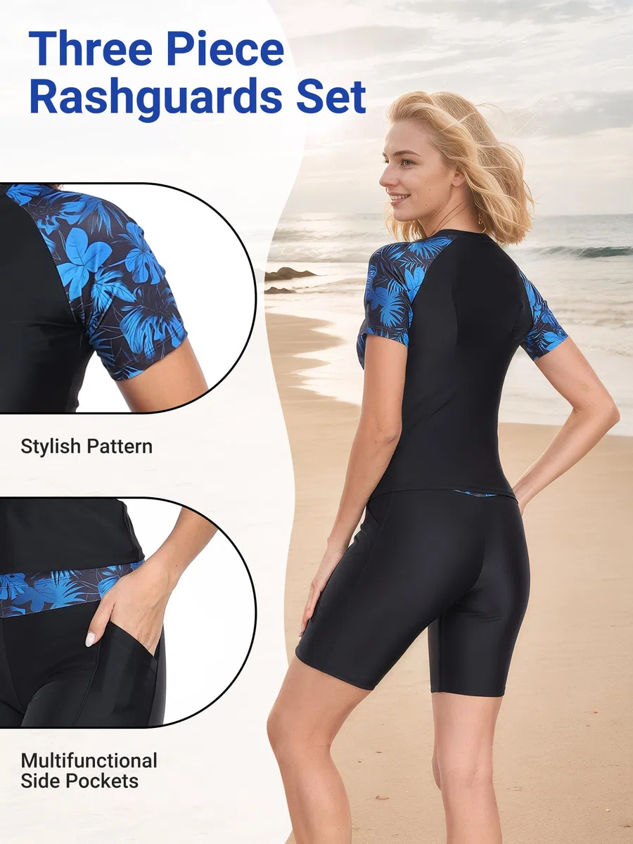 Owntop Damen 3-teiliger Rash Guard | UPF50+ UV Shirt | Kurzarm Rashguard-Shirts & Bikini Top & Hochtaillierte Boyshorts | Schnelltrocknend Badebekleidung Badeanzüge | Schwimmen Surfen