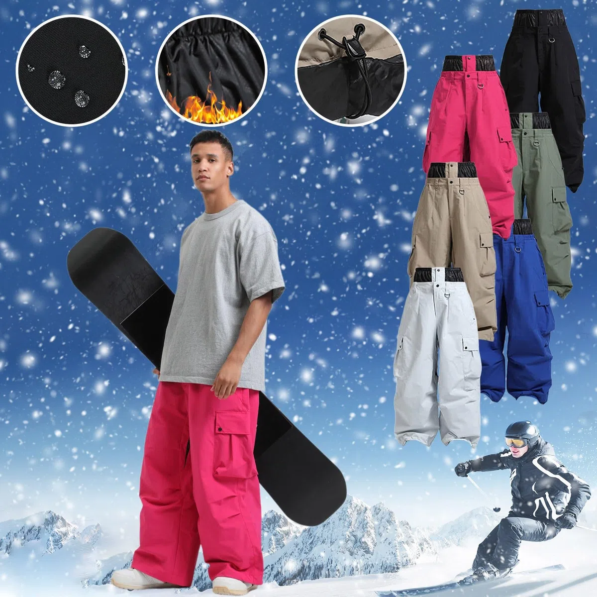 Generisch Snowboardhose für Herren, Baggy, Wasserdicht, Ski Hosen, Schnee-Cargohose, Warme Isolierung, Skihose, Winterhose, Atmungsaktiv, Snowboard Hose, Outdoor Schneehose