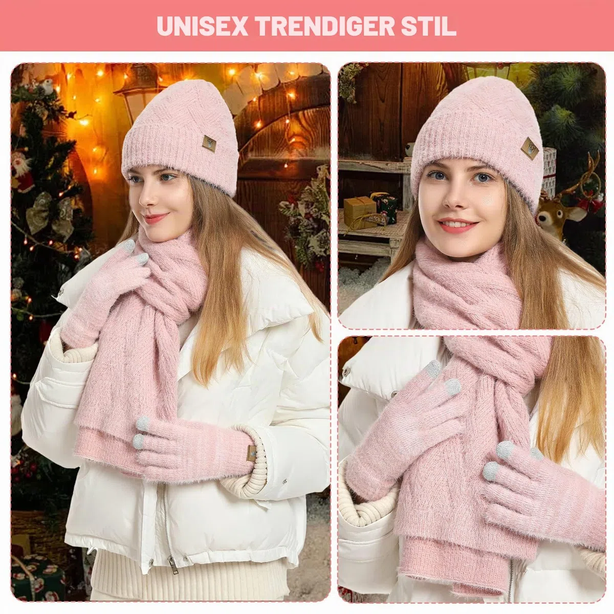 Mütze Schal Set und Handschuhe für Damen Beanie Mütze Winter mit Fleecefutter and Touchscreen Handschuhe Langer Schal 3 in 1 Set