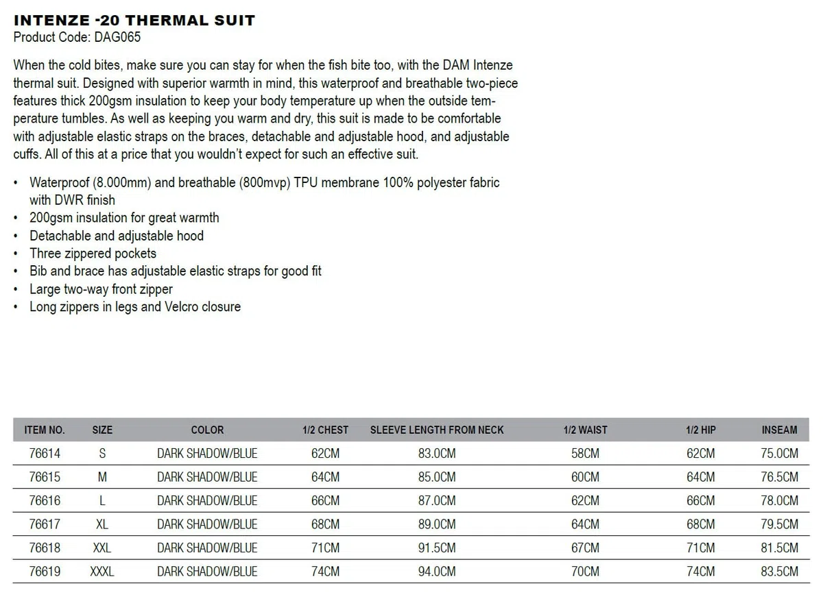 DAM Intenze -20 Thermal Suit - Thermoanzug S-3XL Winteranzug Angelanzug