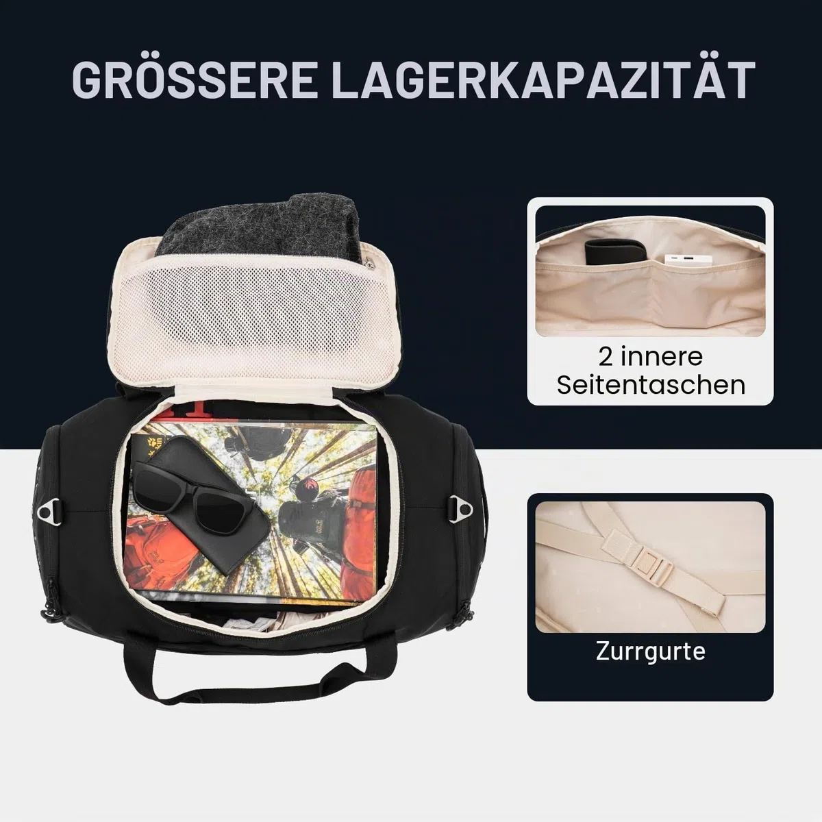 LEVEL8 Reisetasche Weekender, Faltbare Tasche& Sporttasche Große Reisetasche für Herren und Damen mit Schultergurt, Klein Faltbar 30L,Cabin Bag,50x24x25cm(Schwarz)