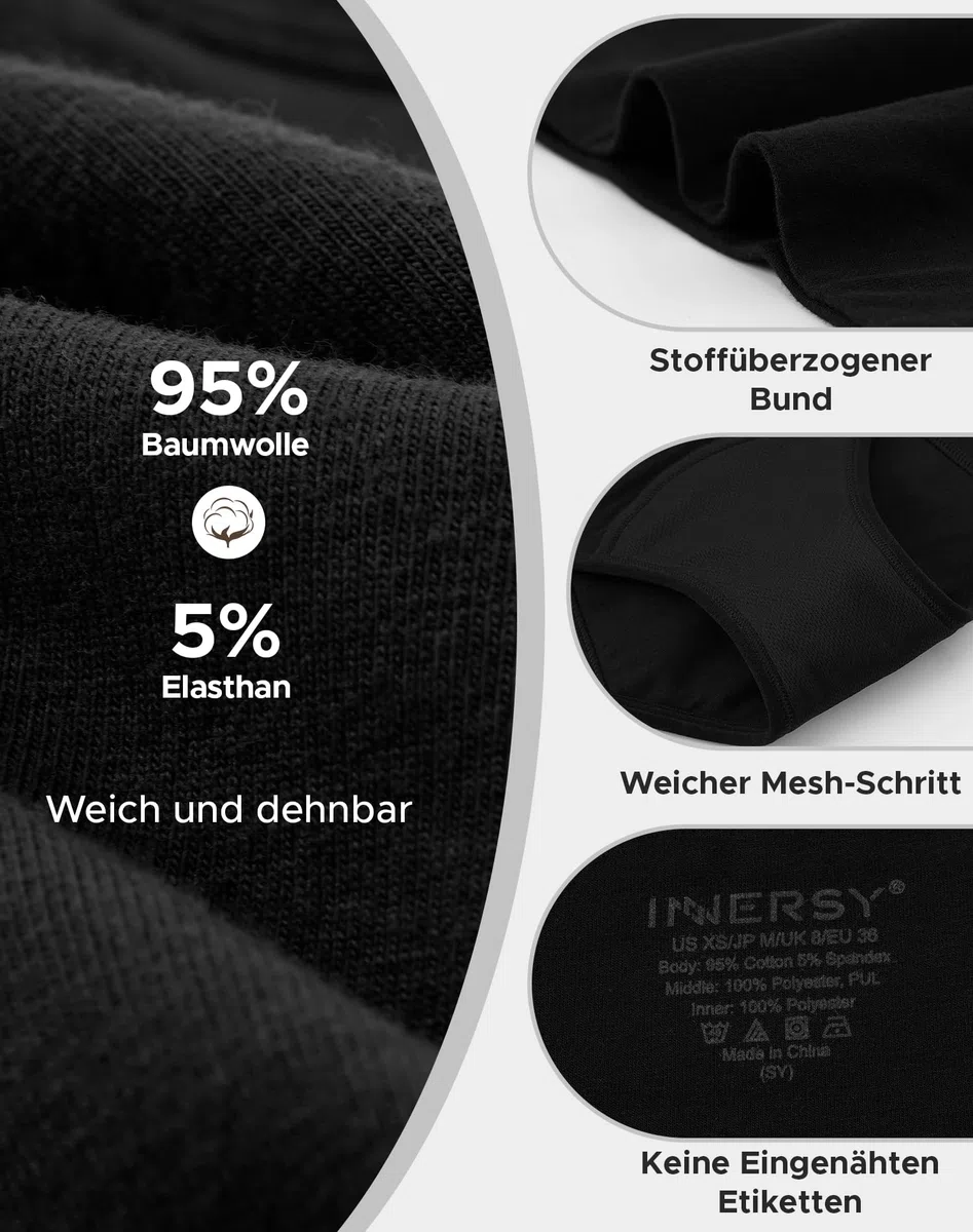 INNERSY Periodenunterschwäsche Starke Blutung High Waist Menstruationsunterwäsche Baumwolle 3er Pack