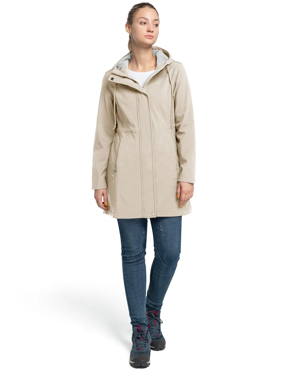 33,000ft Damen Leichte Wasserdichte Softshell Regenjacke Lange Funktionsjacke Übergangsjacke Windjacke Atmungsaktive Regenparka mit Kapuze Regenmantel für Wandern Laufen Sporten