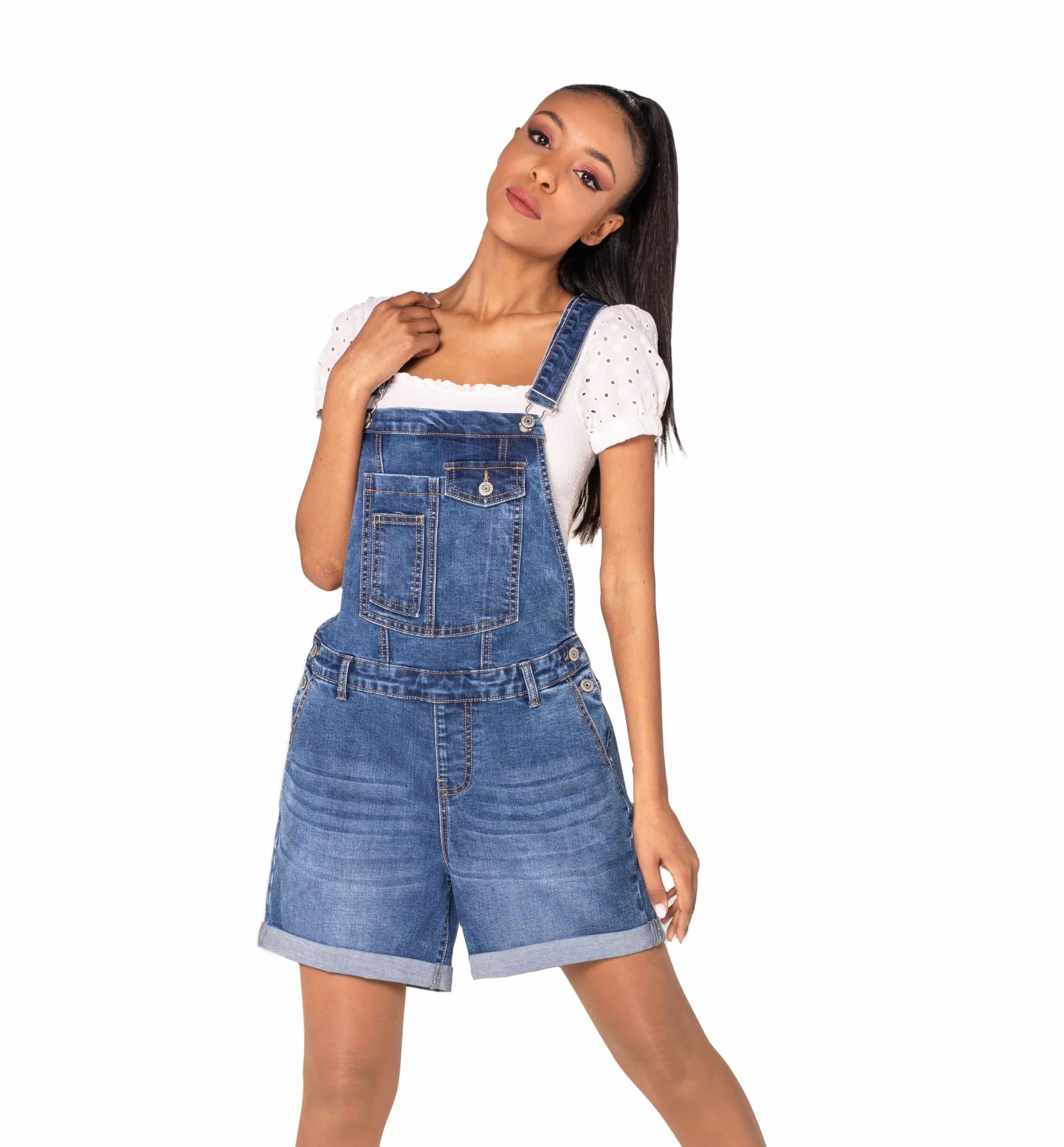 Nina Carter S511 Damen Jeans Latzshorts – Kurze Latzhose aus Denim mit Brusttaschen & Knöpfen – Sommer Overall im lässigen Look