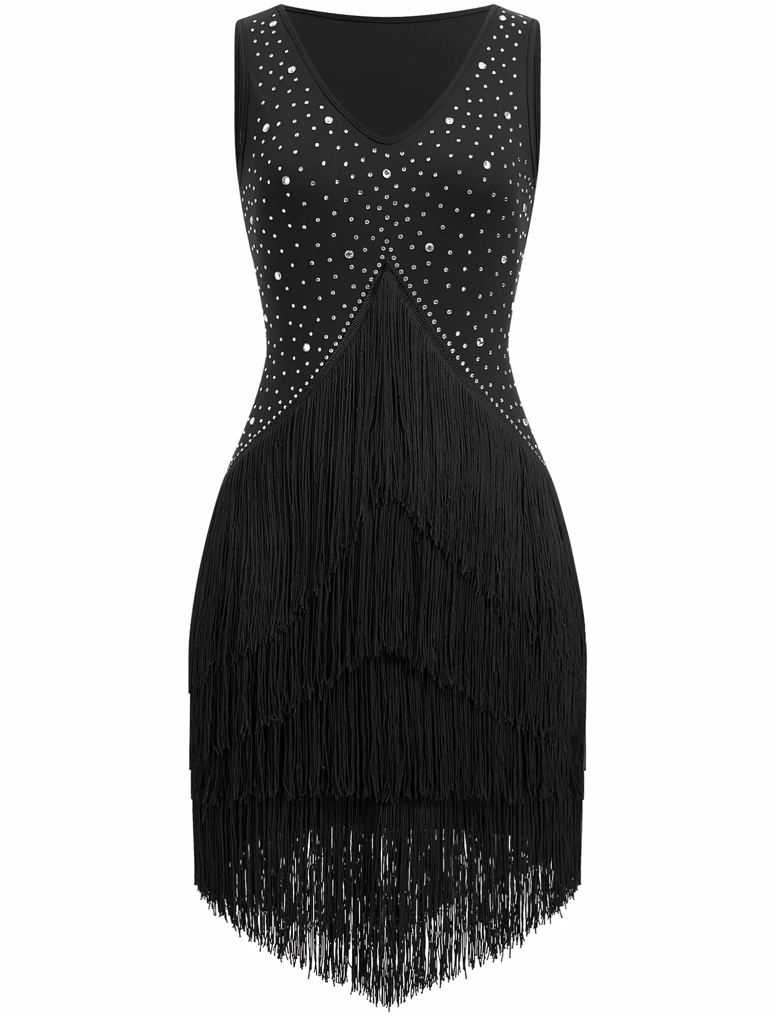 Damen Salsa Latin Dance Kleid Vintage 1920s Ärmellos Strass Lagen Fransenkleider Gatsby Cocktail Ballroom Tangos ChaCha Rumba Flapper Cami Kleid