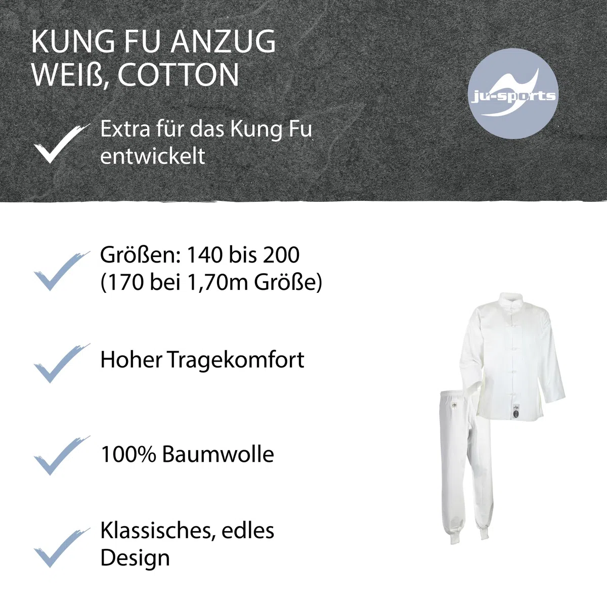 Ju-Sports Kung Fu Anzug Weiß, Cotton I Solider Kampfanzug im klassischen Schnitt I Mit Kordelknöpfen & Bündchenhose mit Elasikbund I 100% Baumwolle