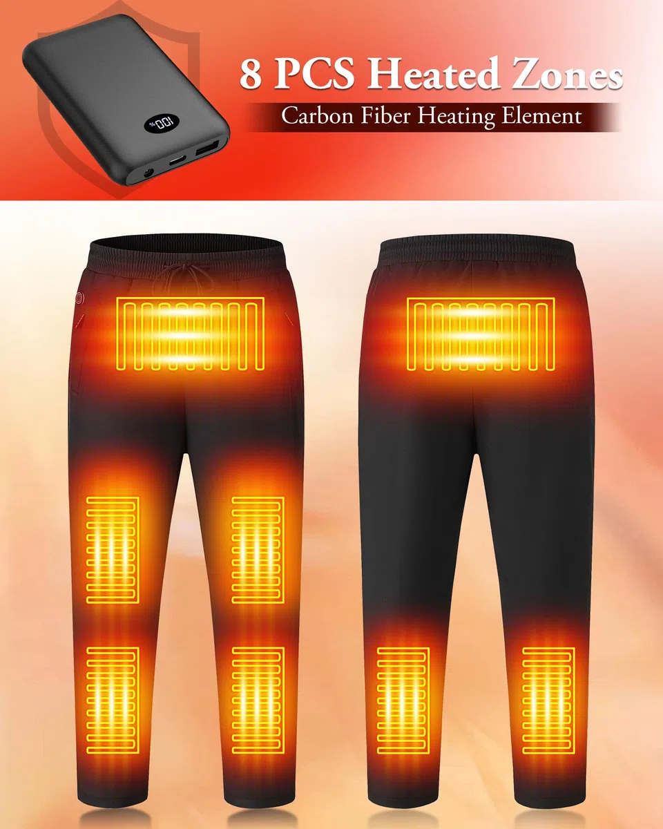 Beheizbare Hose Herren mit Powerbank Leicht Elektrische Heizhose Hosen für Outdoor Wandern, Wasserdicht, 8 Heizzonen