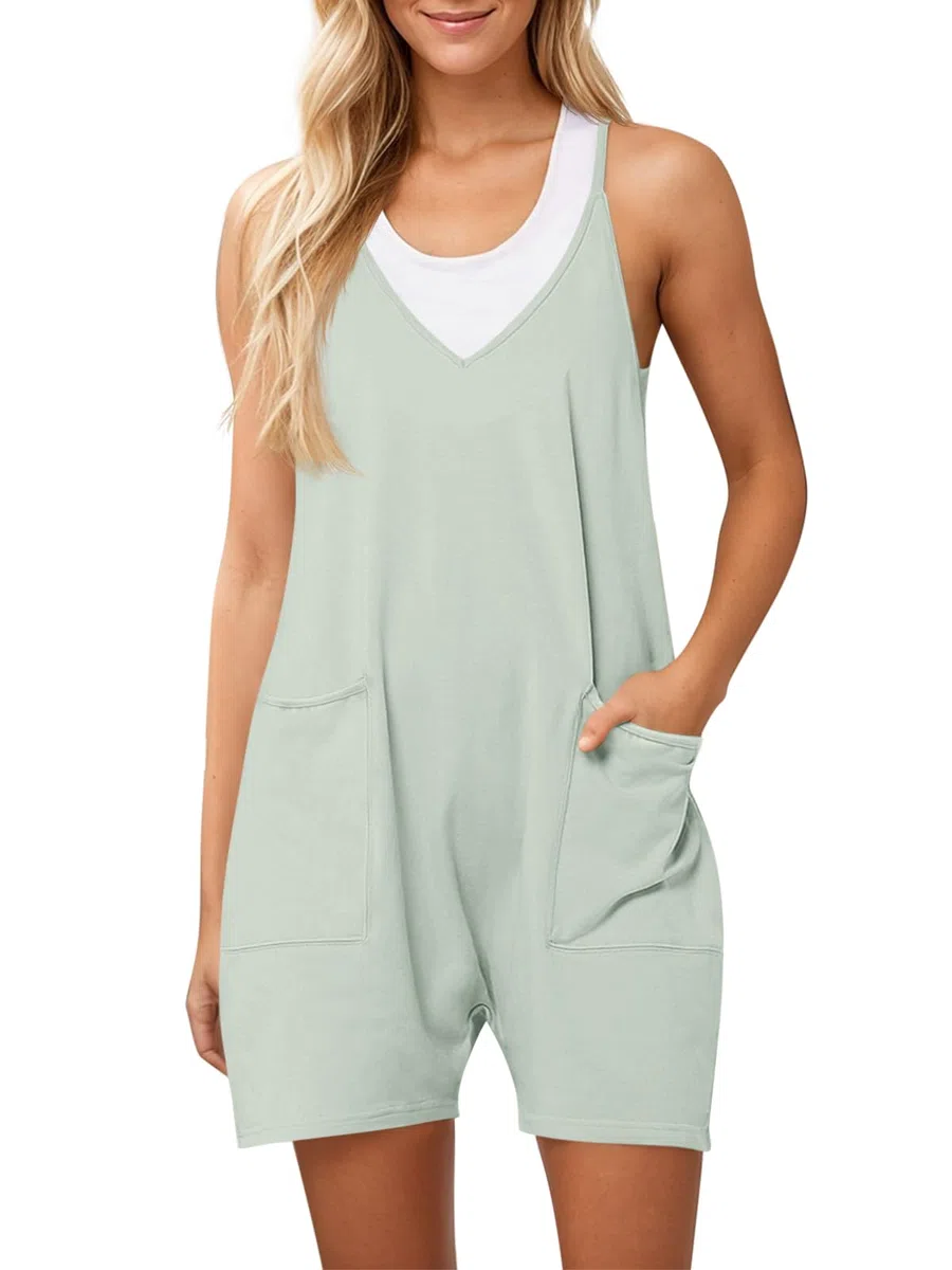 Ebifin Damen Latzhose Kurz Arbeitshose Sommer Lose Overall Jumpsuit Ärmelloser Latzhosen mit Große Taschen.