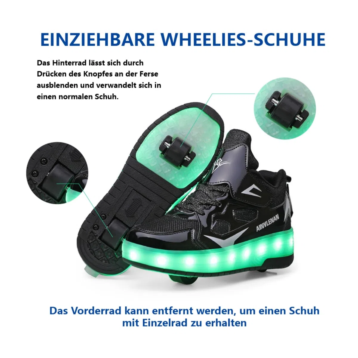 HUSKSWARE Kinder Schuhe mit Rollen – LED Sneaker 2 Rollen, USB aufladbar, Farbwechsel Licht, Skateboard Schuhe Jungen Mädchen, Rollschuhe Sportlich, Schwarz Rosa Gold Silber Weiß, Größe 28–41 EU