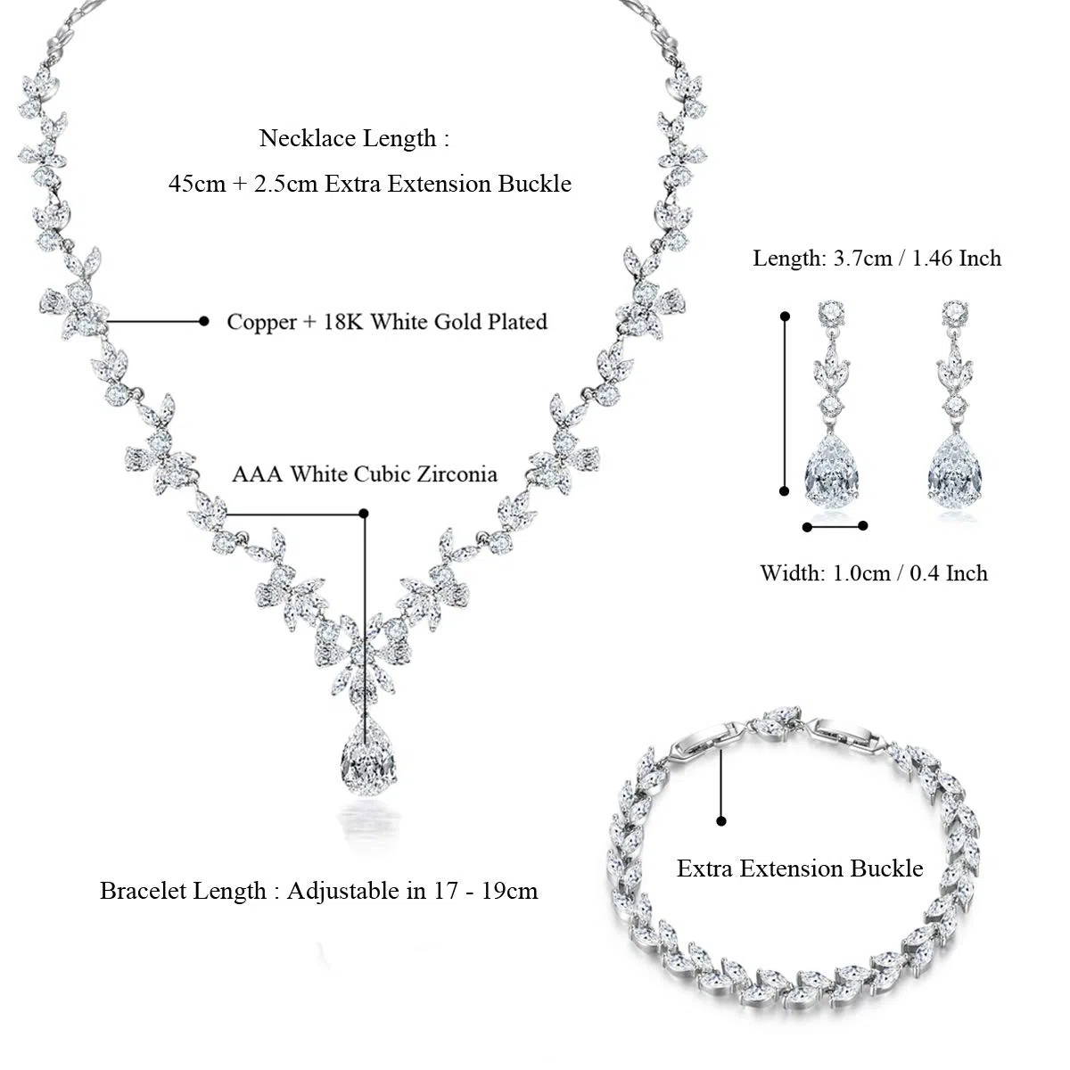 Hochzeit Schmuckset für Damen, Halskette & Ohrringe & Armband Set, Blumen Braut Schmuck Set mit 5A Weiß Zirkonia, Allergenfrei Hochzeitsschmuck für Braut Brautjungfern
