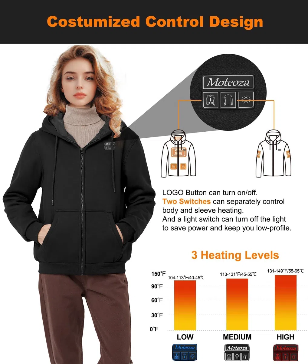 Beheizbarer Hoodie für Damen mit Fleece-Futter 7.4V 16000mAh Akku & 6 Heizzonen 3 Temperaturstufen Herren-Winter-Sweatshirt-Jacke
