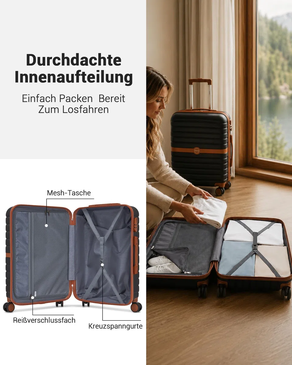 KONO Koffer Reisekoffer Trolley Handgepäck Koffer 55x40x20cm von ABS+PC Hartschalenkoffer mit Zwillingsrollen und Zahlenschloss(Schwarz/Braun, 55cm)