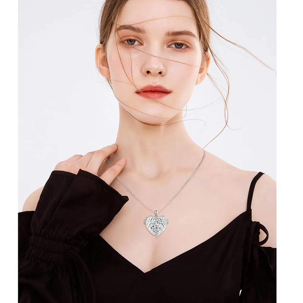 Damen 925 Silber Herz Halskette Medaillon, Engelsflügel Foto Anhänger Ketten, Persönlicher Schmuck für Frauen Mutter Freundin