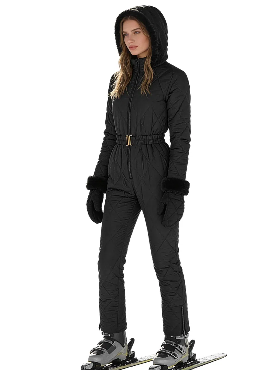 Damen Schneeanzüge Overall Langarm Wasserdicht Strampler Skianzug Fellbesatz Kapuze Daunenanzug Winddicht Mit Handschuhe Winter Warm