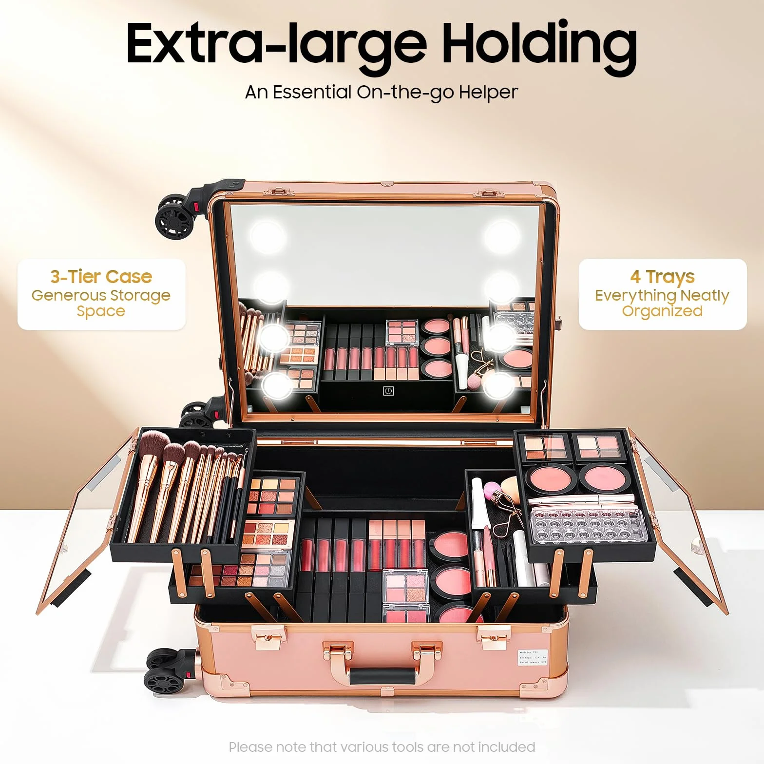 Kosmetikkoffer Trolley, 52x40x133cm Schminkkoffer Schminkstation Make Up Koffer mit LED Beleuchtung Spiegel verstellbaren Beinen 4 Rollen 360° drehbar 50kg Abschließbar für Friseure Visagisten Reise S
