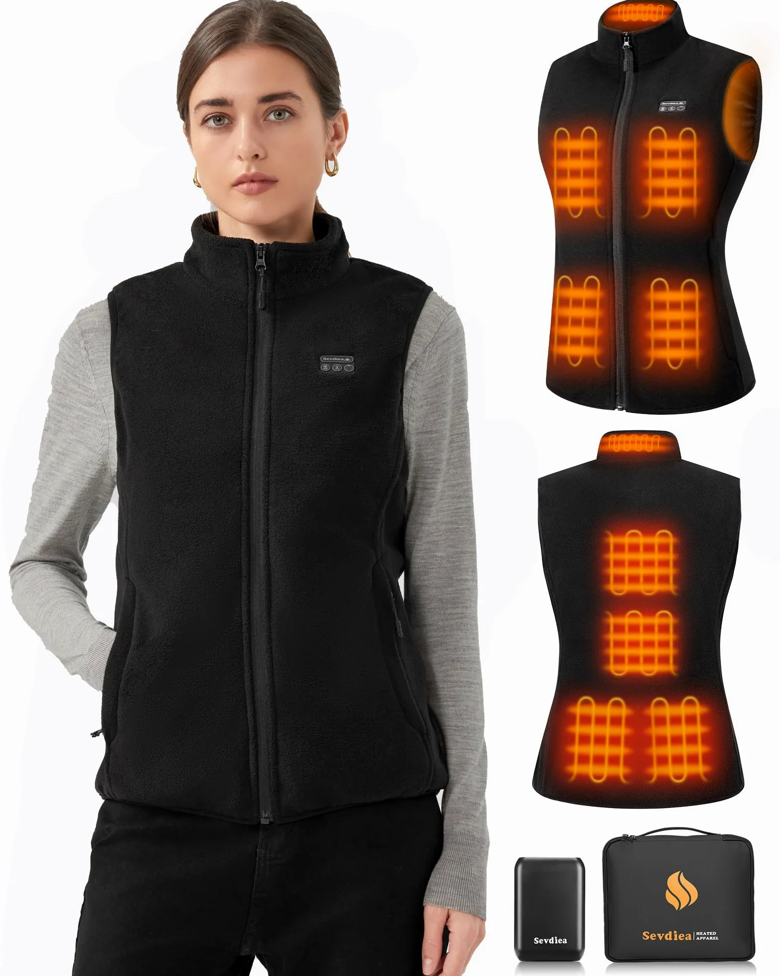Fleece Heizweste Damen mit Powerbank 16000mah 7.4V, Beheizte Weste 4-in-1 Unabhängiger Controller mit Licht-aus-Design, Leichte Wärmeweste mit Akku 9 Heizzone für Winter Outdoor