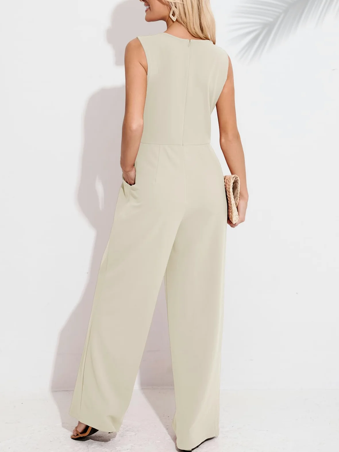 CUPSHE Damen Jumpsuit Rundhals Ärmellos Overall Plissee Weite Beine Playsuit mit Taschen Elegant Hosenanzug