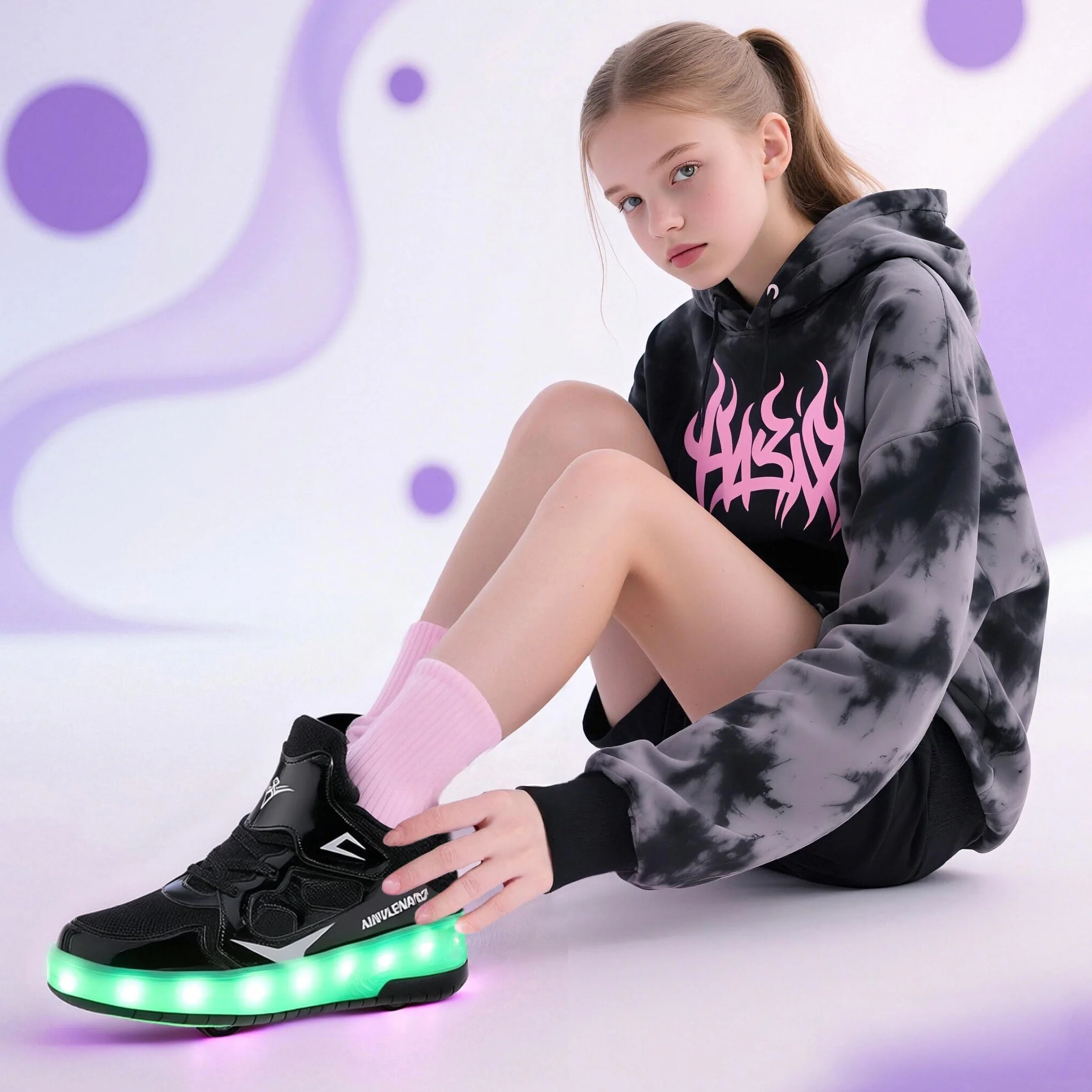 HUSKSWARE Kinder Schuhe mit Rollen – LED Sneaker 2 Rollen, USB aufladbar, Farbwechsel Licht, Skateboard Schuhe Jungen Mädchen, Rollschuhe Sportlich, Schwarz Rosa Gold Silber Weiß, Größe 28–41 EU