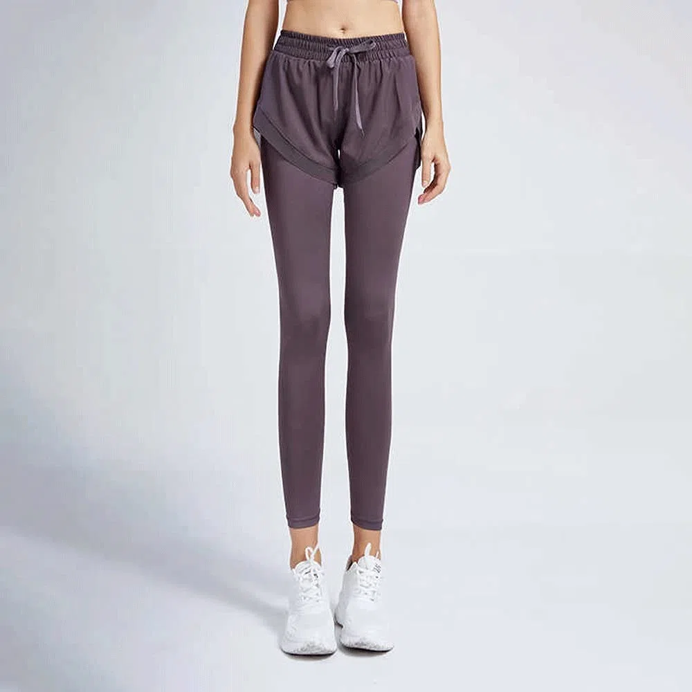 Yogahose Zweiteilige gefälschte Fitnesshose Schlankheit und eng anliegende Damenhosen Elastische Laufhose zum Hüftheben Große Yogahosen