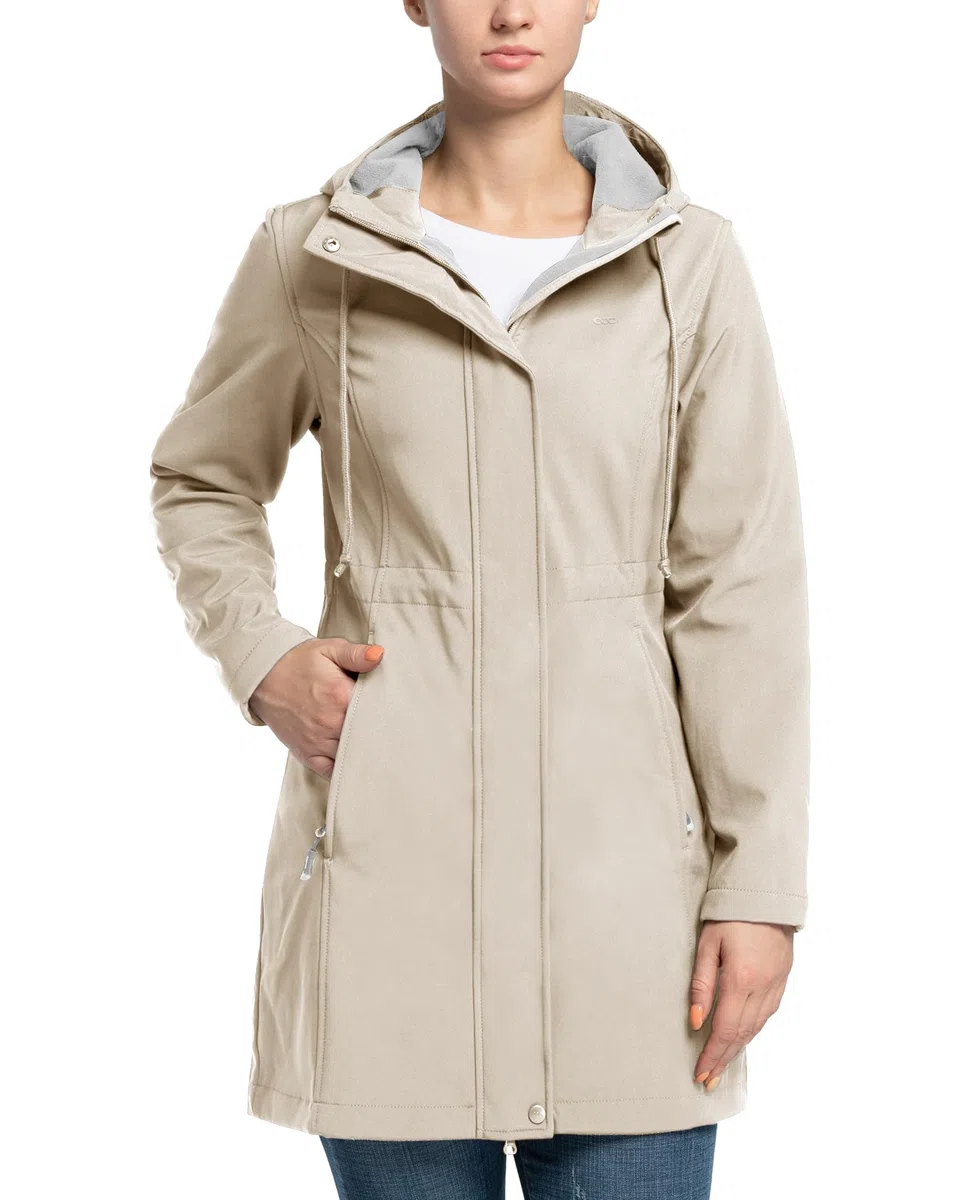 33,000ft Damen Leichte Wasserdichte Softshell Regenjacke Lange Funktionsjacke Übergangsjacke Windjacke Atmungsaktive Regenparka mit Kapuze Regenmantel für Wandern Laufen Sporten