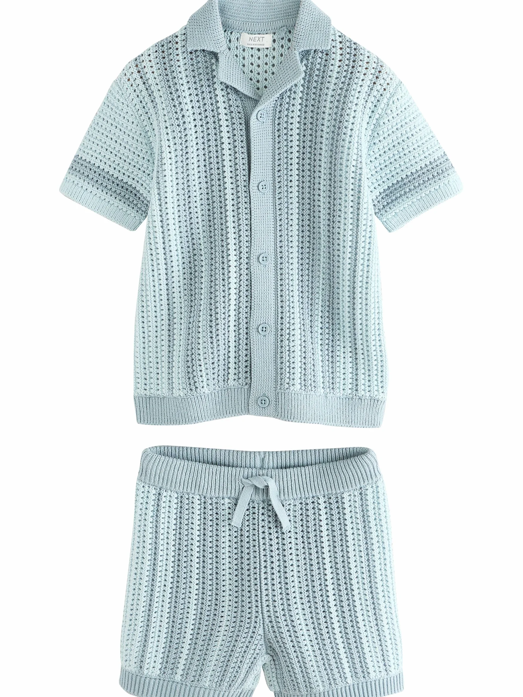 NEXT Jungen Standard Kurzarm-Hemd mit Häkel- + Strickdetails und Shorts 62-140