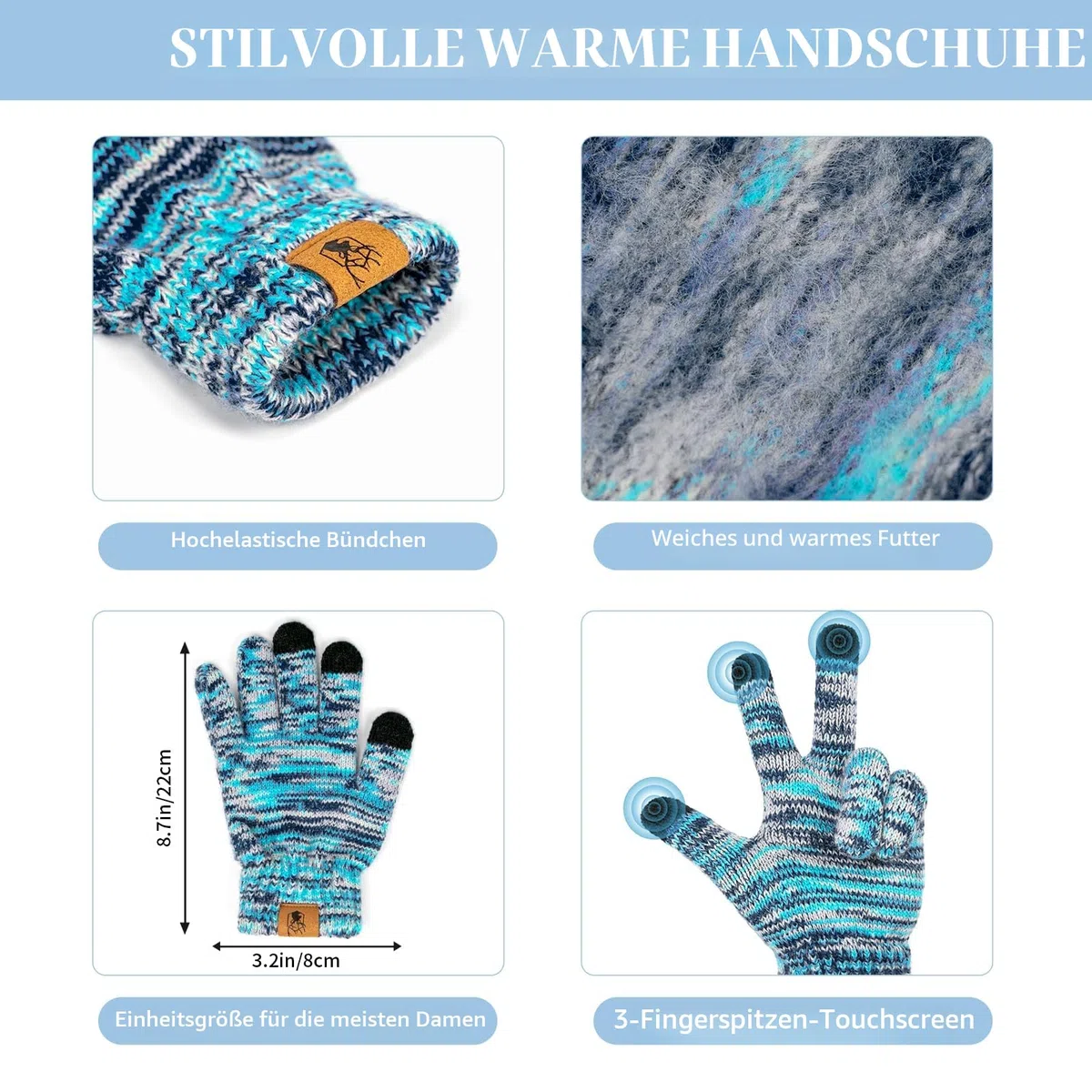 Mütze Schal Handschuhe Set Winter Weich Warm Pelzgefütterte Bommelmütze Langer Schal mit Quaste und Touchscreen Handschuhe Set 3-teiliges Melange Gestrickt Damen Unisex