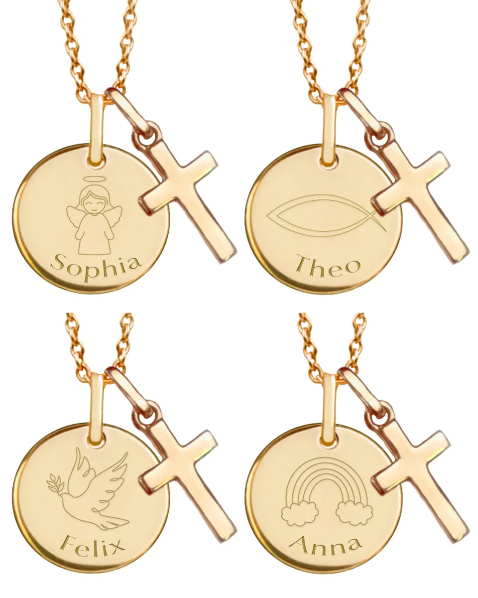 Amoonìc Taufkette mit Kreuz | Personalisierte Kette für Mädchen Jungen Baby Kinder mit Gravur Namen | Geschenk zur Taufe und Kommunion Taufgeschenk Patenkind | Kinderkette Namenskette.